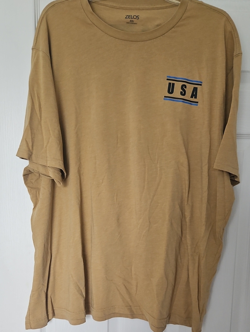 ZELOS Mustard Tan Colored Short-Sleeve Tee with USA Chest & Back Graphics
